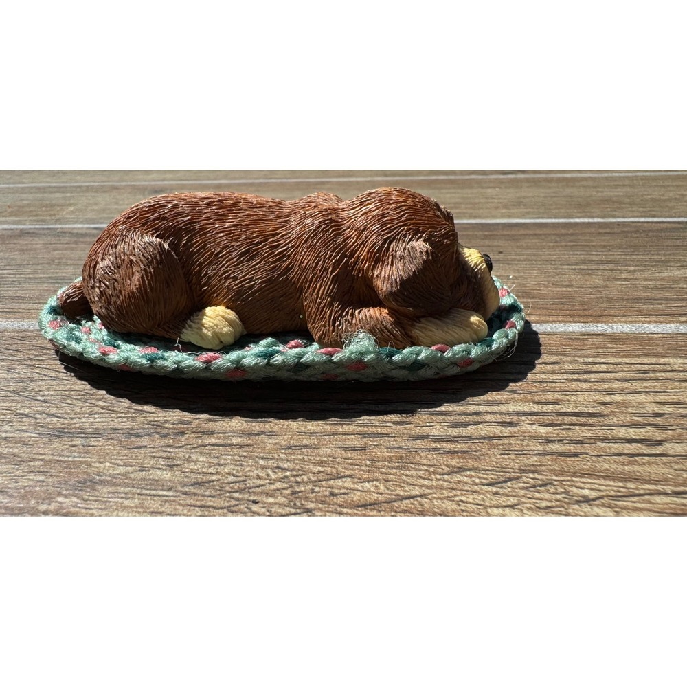 Vintage  Sleeping Puppy Dog on Braided Rug Figurine Resin 4 Inch